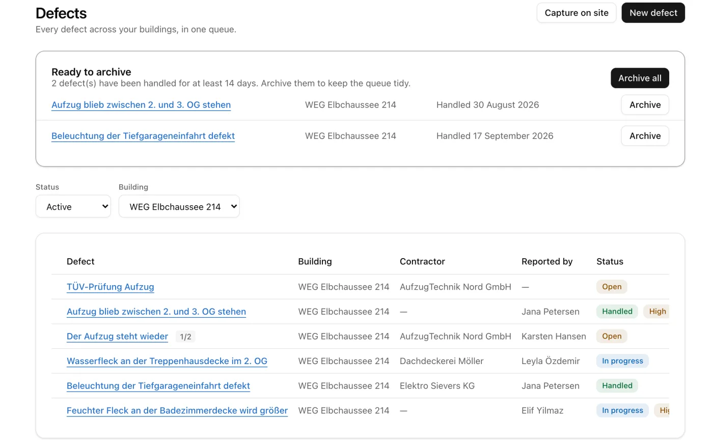 Screenshot: Defects & maintenance