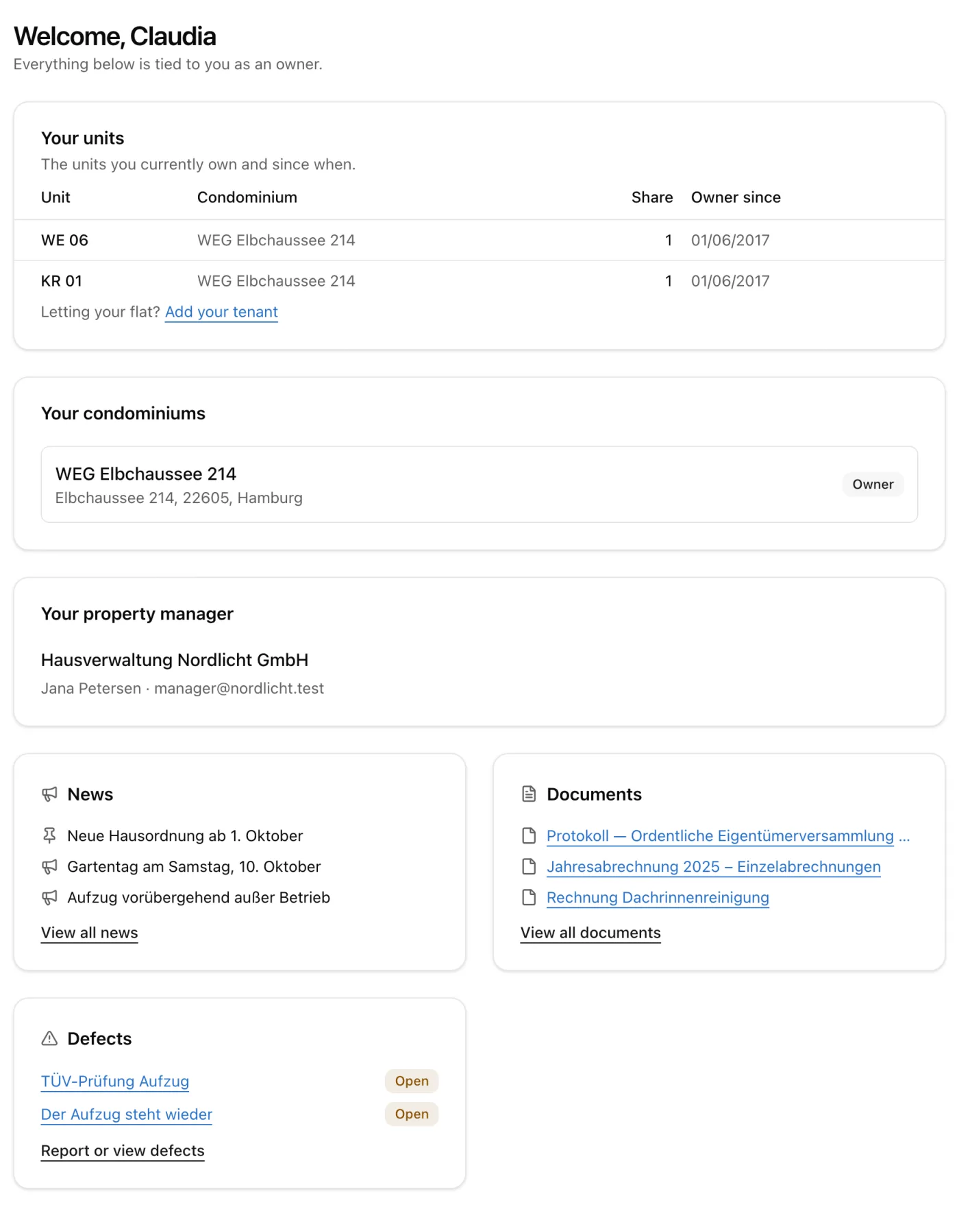 Screenshot: Owner portal